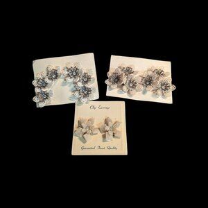 vintage Vintage Lot Of 3 Clip-On Earrings Rhinestone Accents Floral Designs Silv